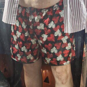 Max Deco Black with Red and Silver Grey Hearts Poly Valentine Boxer Shorts Sz L